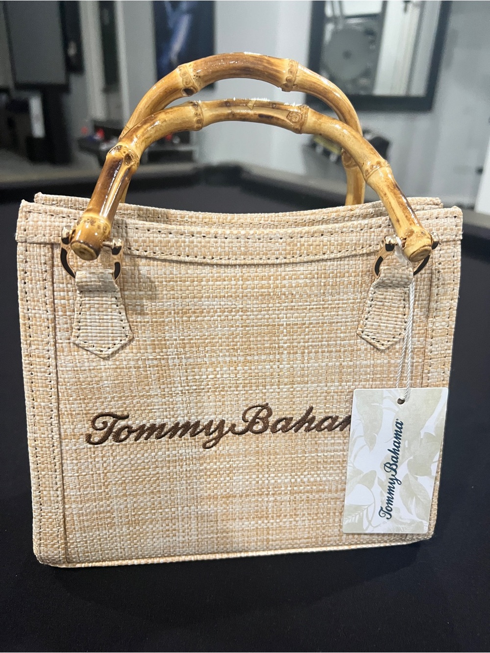Tommy Bahama Beige Straw purse with Bamboo Handles